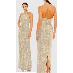 Ieena x Mac Duggal Champagne Sequined Halter Neck Belted Soft Tie Formal Dress